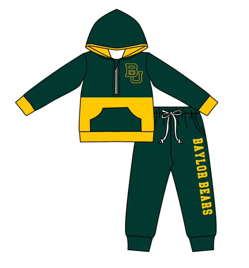(Custom Design Preorder MOQ 5) Team's BAYLOR BEARS Print Hoodie Zipper Top Pockets Pants Boys Fall Clothes Set