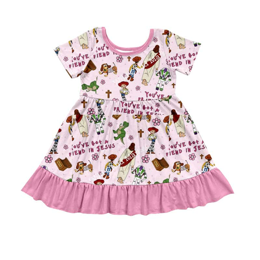(Custom Design Preorder MOQ 5) Cartoon Toys Jesus Print Girls Easter Knee Length Dress