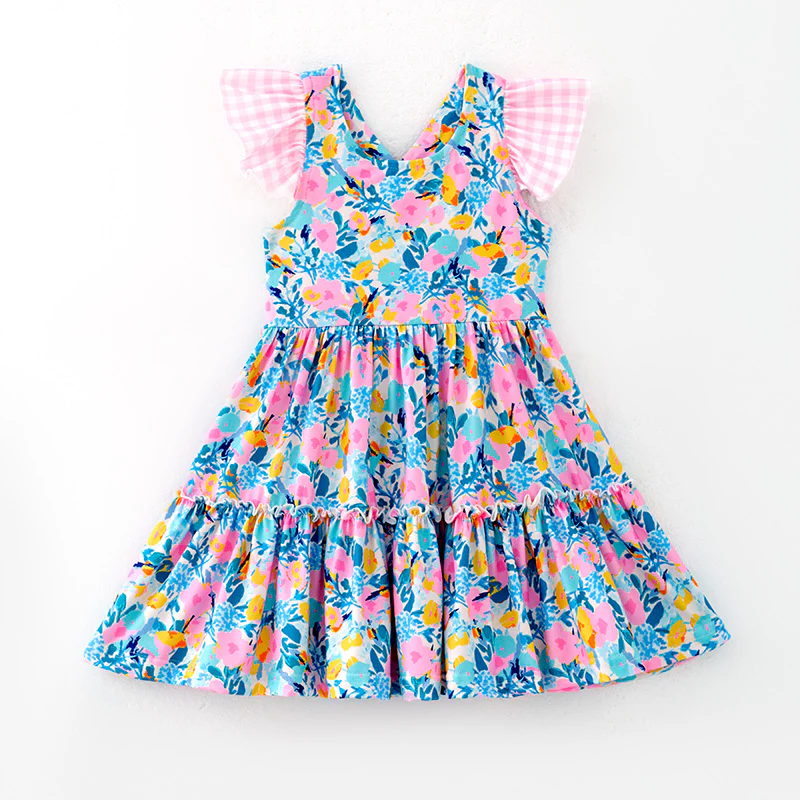 (Custom Design Preorder MOQ 5) Blue Pink Flowers Print Girls Knee Length Dress