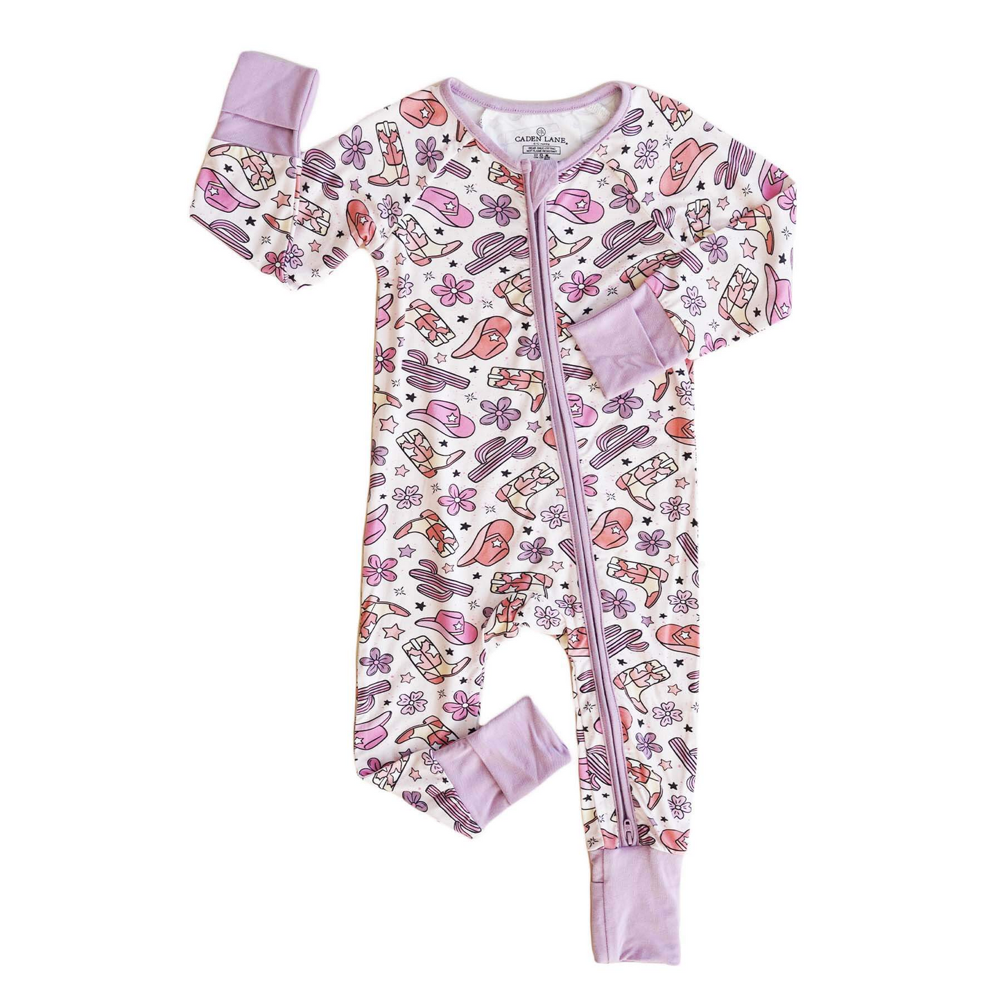 (Custom Design Preorder MOQ 20) Cactus Hat Boots Print Baby Girls Bamboo Fall Sleeper Zipper Romper