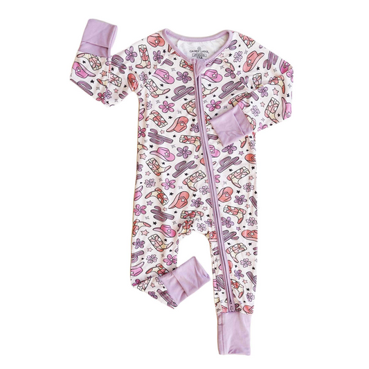 (Custom Design Preorder MOQ 20)  Cactus Hat Boots Print Baby Girls Bamboo Fall Sleeper Zipper Romper