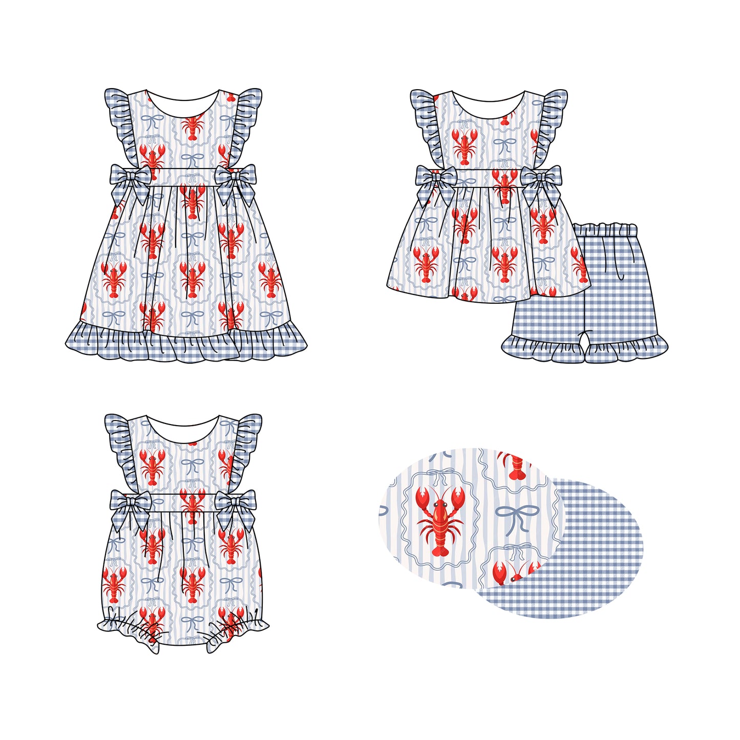 12.4 (Custom Design Preorder MOQ 5 Each Design) Crayfish Bows Grey Print Girls Summer Matching Clothes Sisters Wear