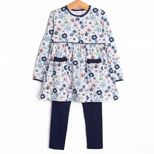 (Custom Design Preorder MOQ 5) Navy Flowers Pockets Tunic Top Legging Pants Girls Fall Clothes Set