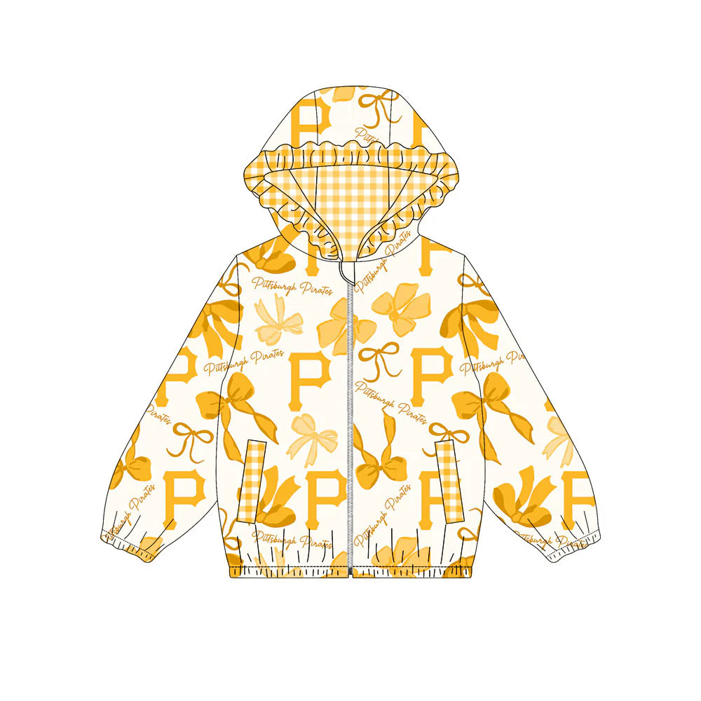 (Custom Design Preorder MOQ 5) Team's Pittsburgh Pirates Bows Print Pockets Girls Long Sleeve Zipper Jackets Top