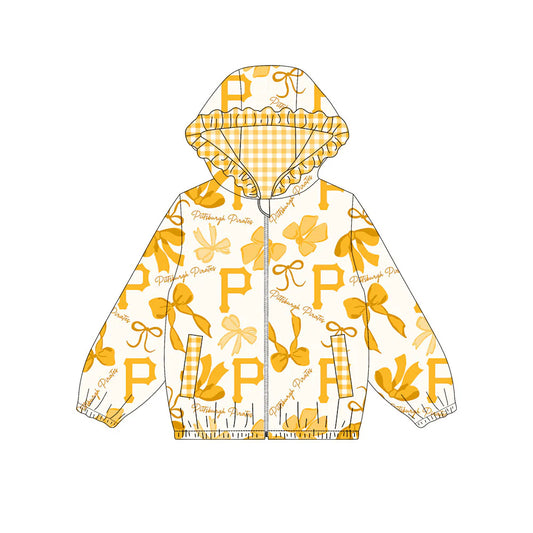 (Custom Design Preorder MOQ 5) Team's Pittsburgh Pirates Bows Print Pockets Girls Long Sleeve Zipper Jackets Top
