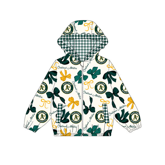 (Custom Design Preorder MOQ 5) Team's OAKLAND ATHLETICS Bows Print Pockets Girls Long Sleeve Zipper Jackets Top