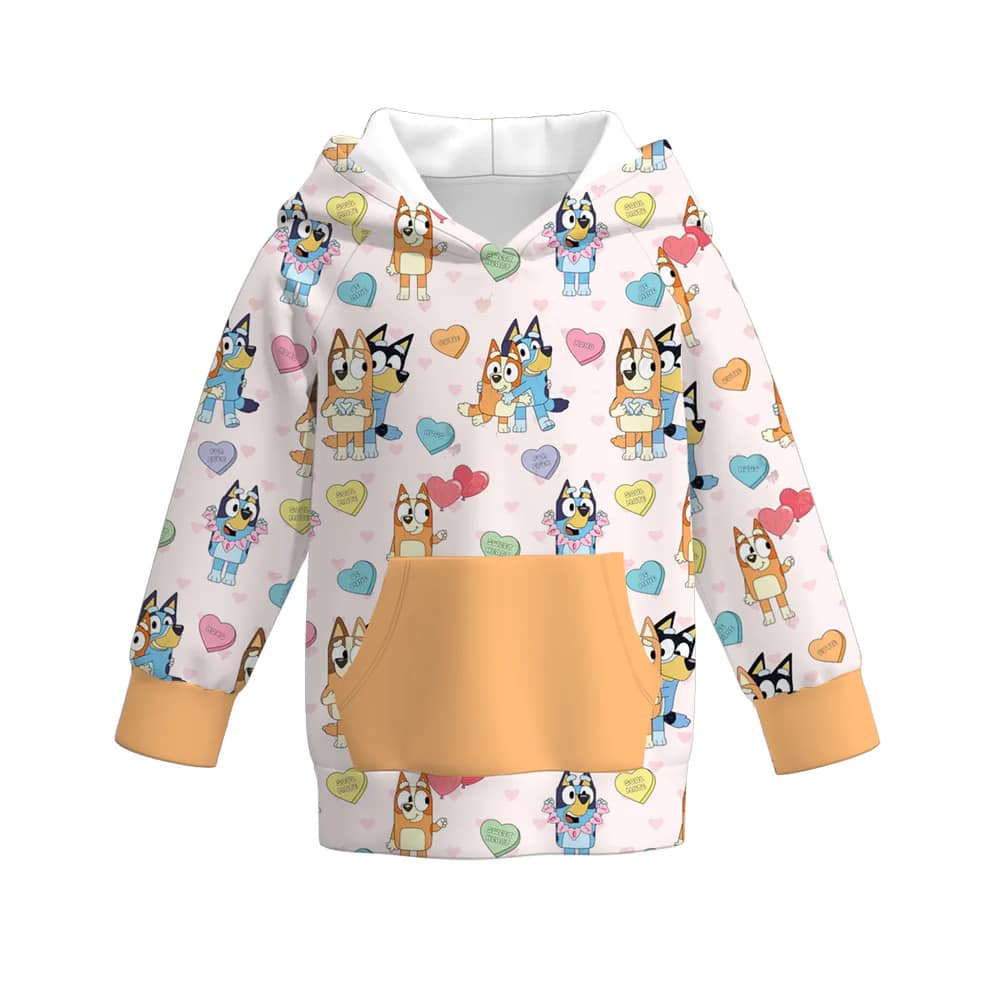 (Custom Design Preorder MOQ 5) Cartoon Dog Colorful Hearts Print Girls Valentine's Day Hoodie Tops
