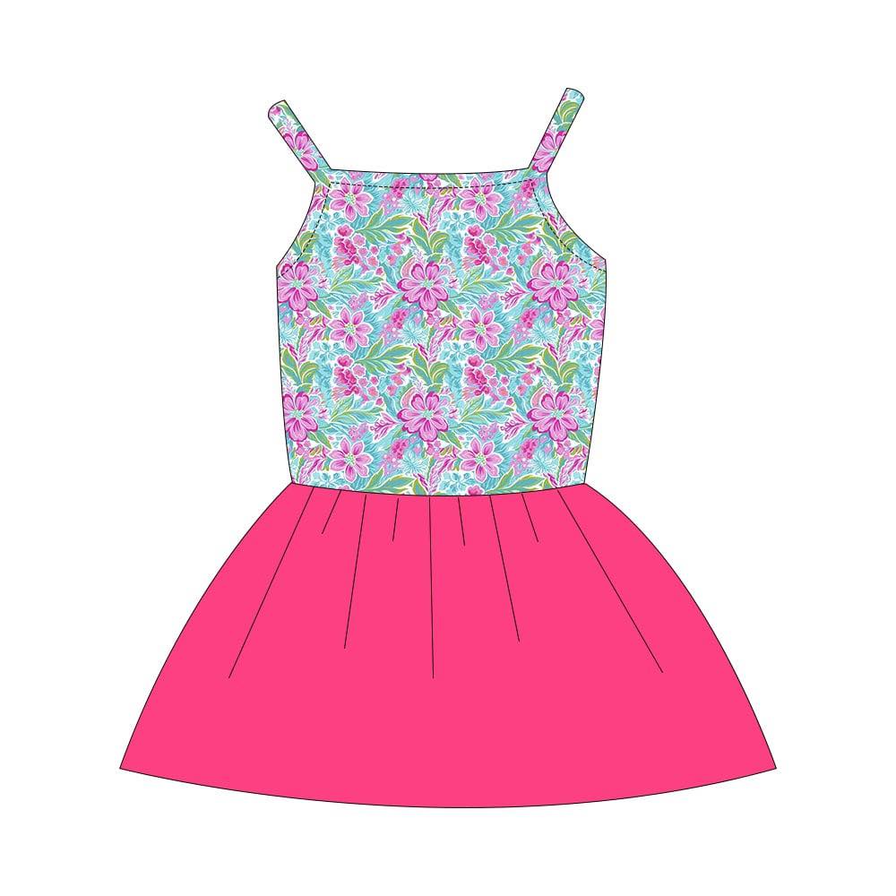 (Custom Design Preorder MOQ 5) Flowers Print Girls Summer Hot Pink Knee Length Dress