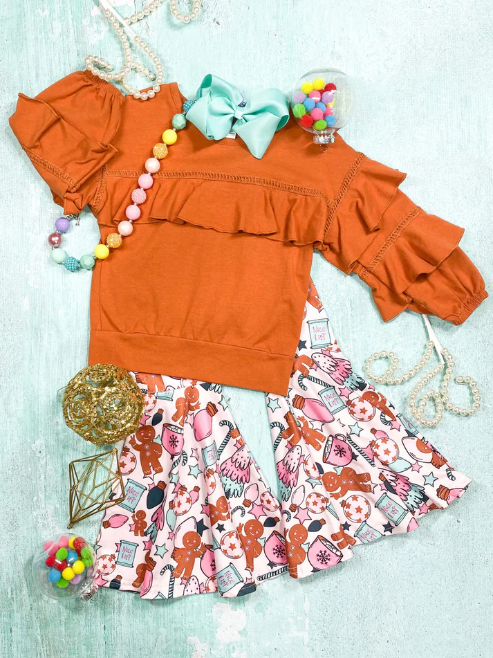 (Custom Design Preorder MOQ 5) Brown Ruffle Top Gingerbread Bell Pants Girls Christmas Clothes Set