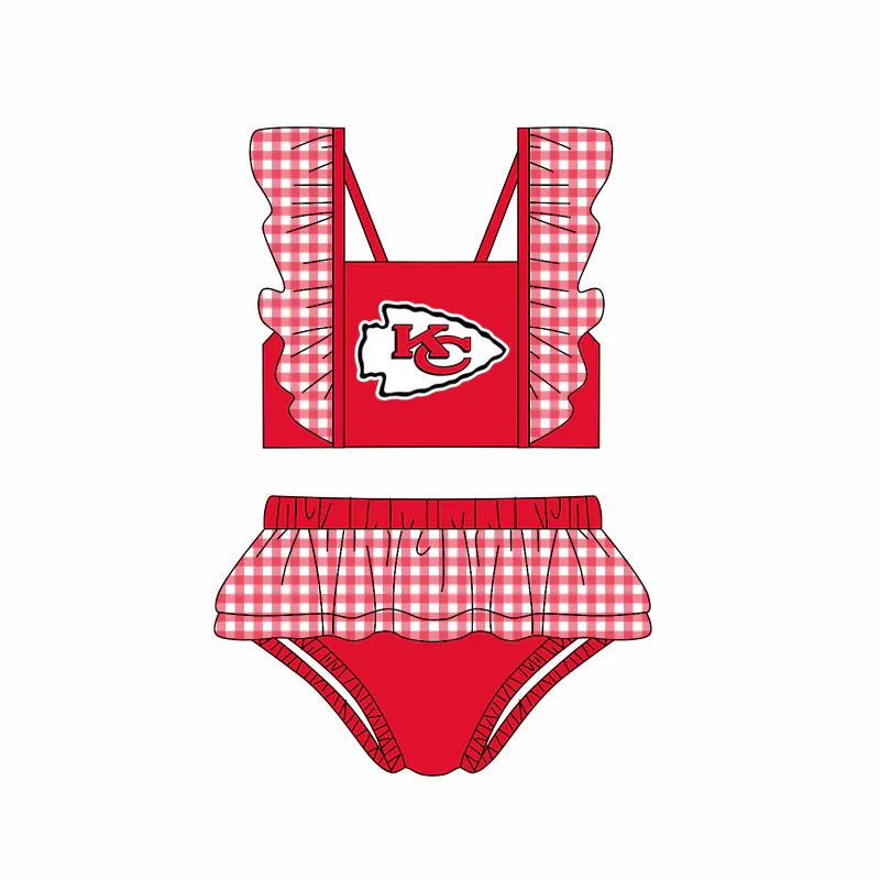 (Custom Design Preorder MOQ 5) Team's Chiefs Plaid Print Girls 2 Pieces Swimsuits