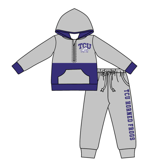 (Custom Design Preorder MOQ 5) Team's TCU Print Hoodie Zipper Top Pockets Pants Boys Fall Clothes Set