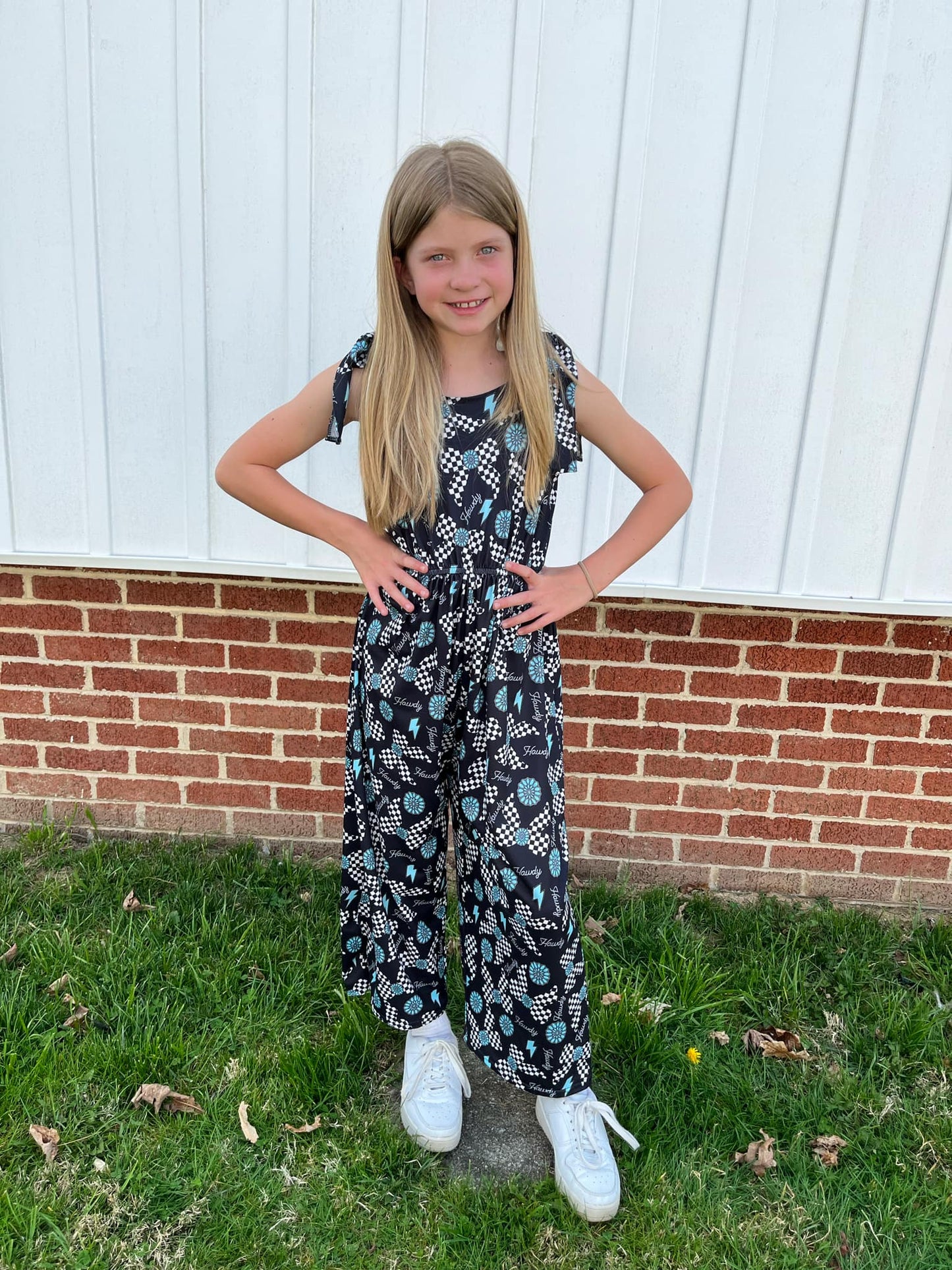 SR2466 Turquoise Bows Howdy Print Girls Summer Western Jumpsuits