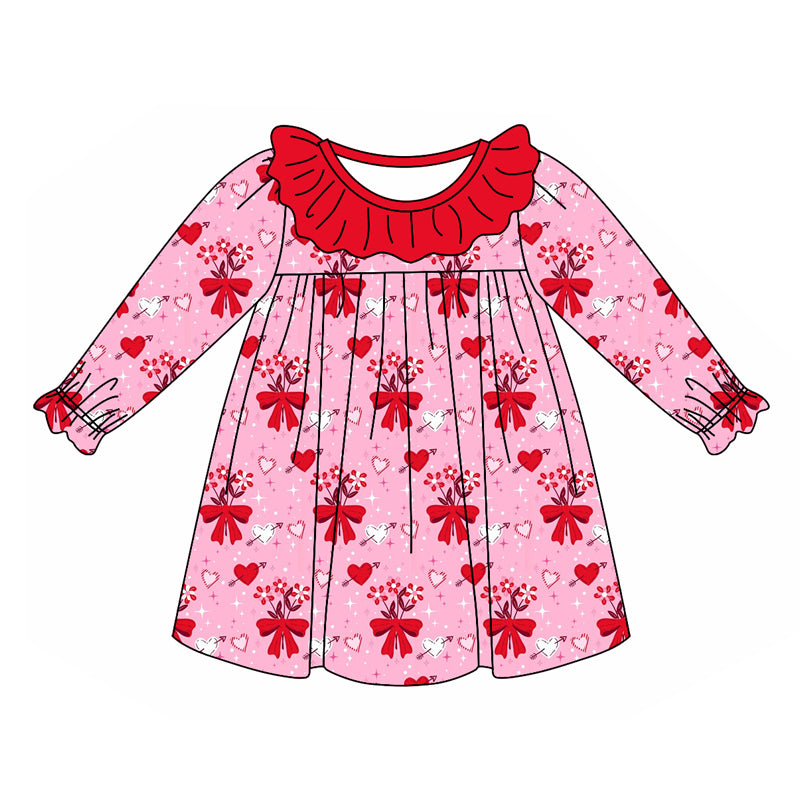 (Custom Design Preorder MOQ 5) Flowers Heart Print Girls Valentine's Day Knee Length Dress