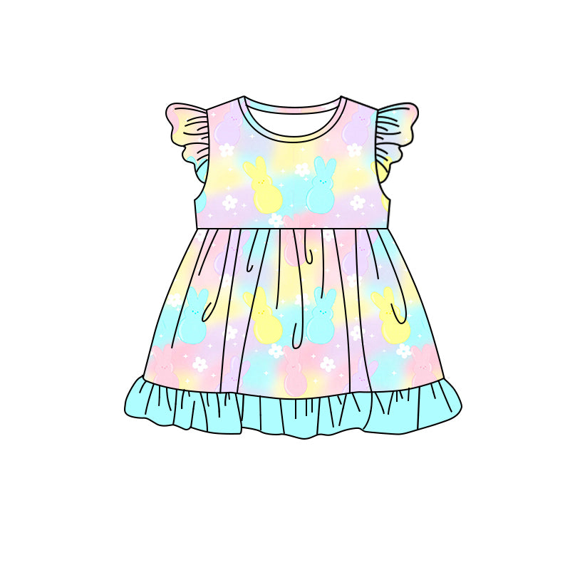 (Custom Design Preorder MOQ 5) Bunny Tie-dye Print Girls Easter Knee Length Dress