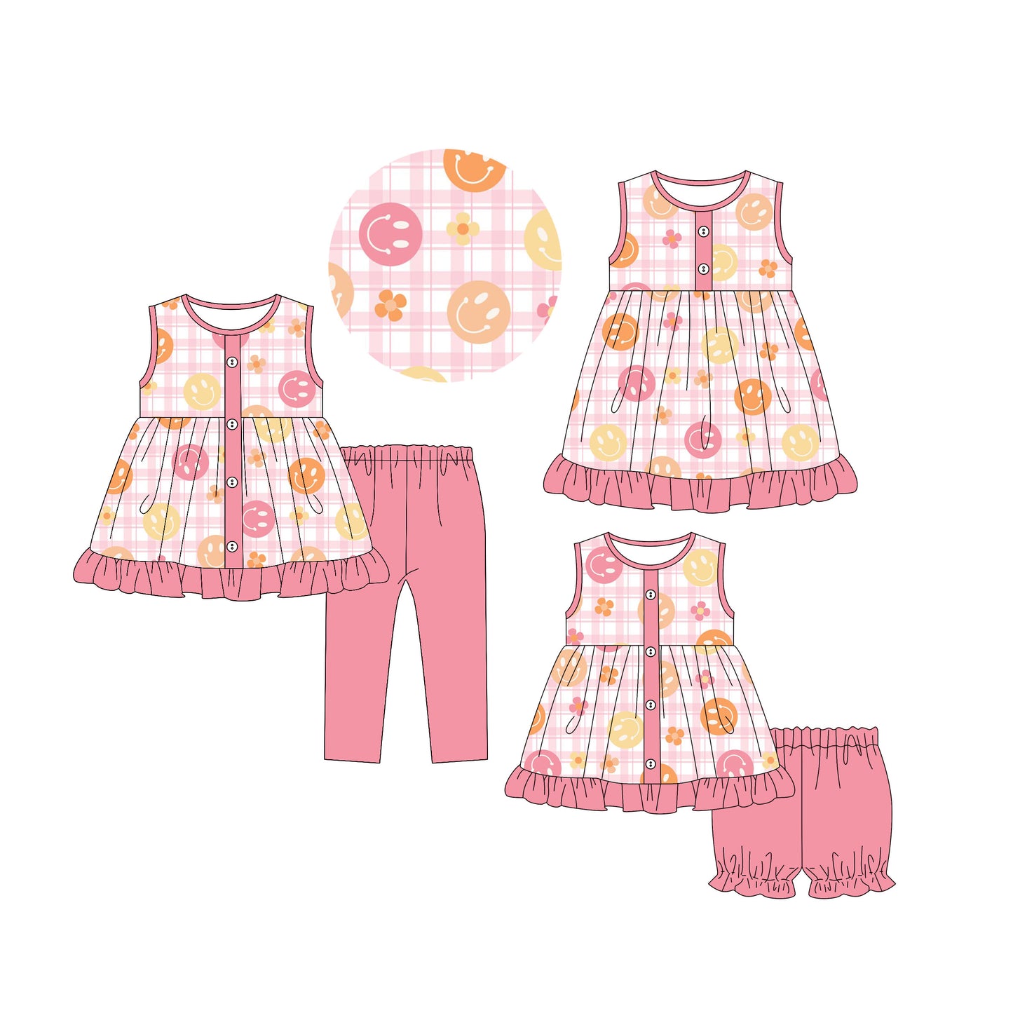 5.5(Custom Design Preorder MOQ 5 Each Design) Smiling Face Pink Plaid Print Girls Matching Clothes Sisters Wear