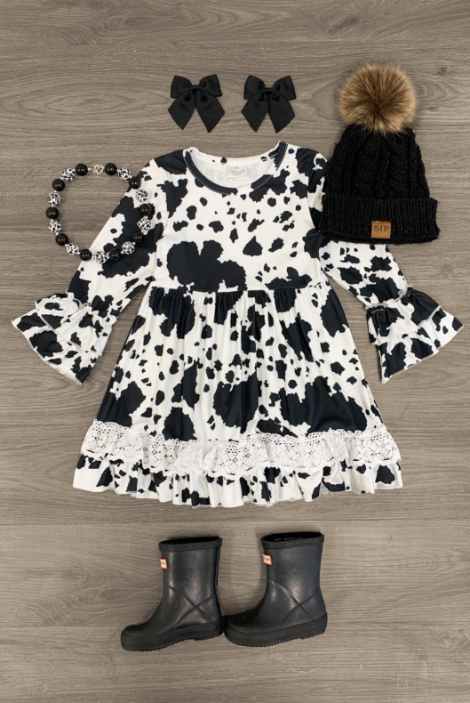(Custom Design MOQ 5) Black Cow Print Ruffle Knee Length Dress