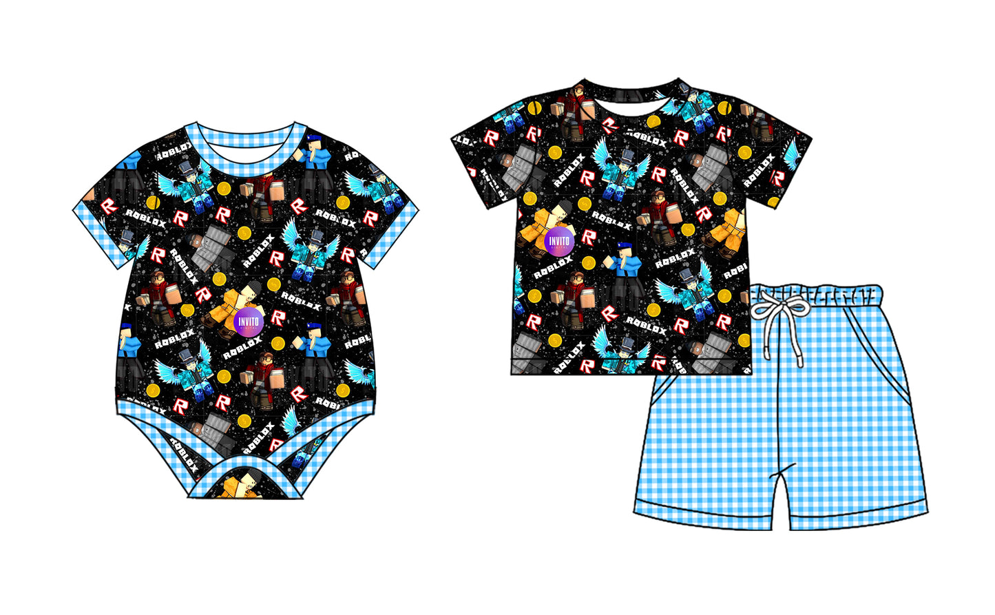 2.19(Custom Design Preorder MOQ 5 Each Design) Cartoon Games Roblo* Blue Print Boys Summer Matching Clothes Brothers Wear
