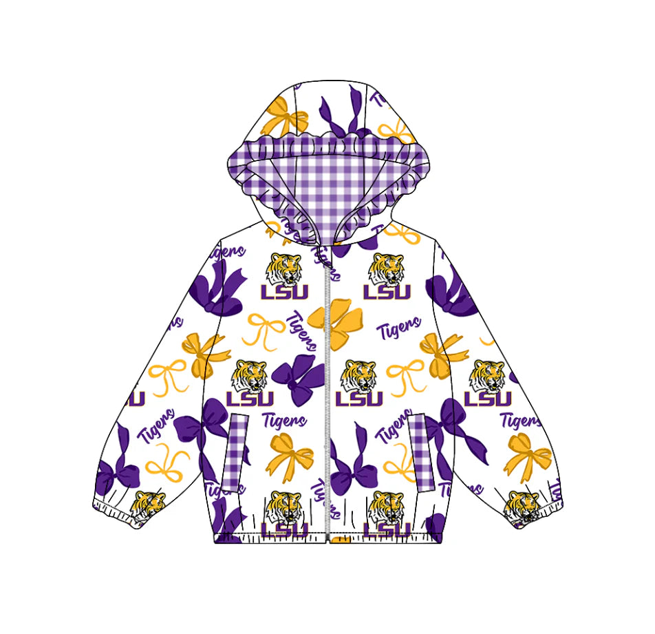 (Custom Design Preorder MOQ 5) Team's LSU TIGERS Bows Print Pockets Girls Long Sleeve Zipper Jackets Top