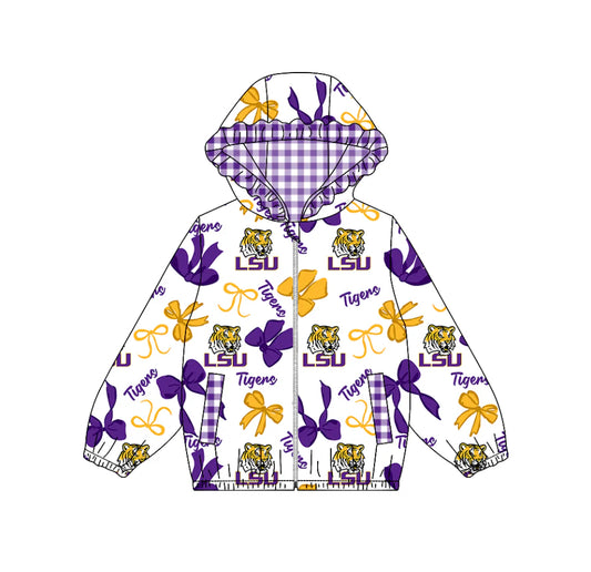 (Custom Design Preorder MOQ 5) Team's LSU TIGERS Bows Print Pockets Girls Long Sleeve Zipper Jackets Top