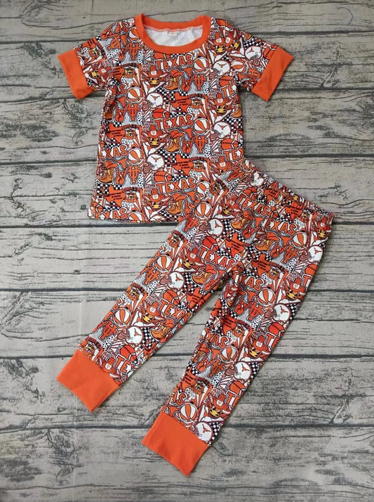 (Custom Design Preorder MOQ 5) Team's TEXAS Orange Print Kids Pajamas Clothes Set