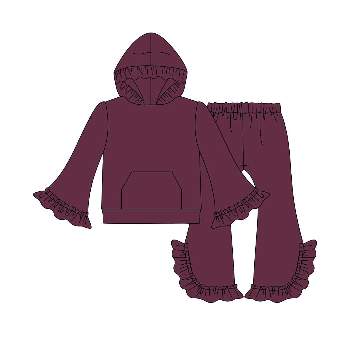 (Custom Design Preorder MOQ 5) Wine Color Girls Hoodie Ruffles Fall Clothes Set