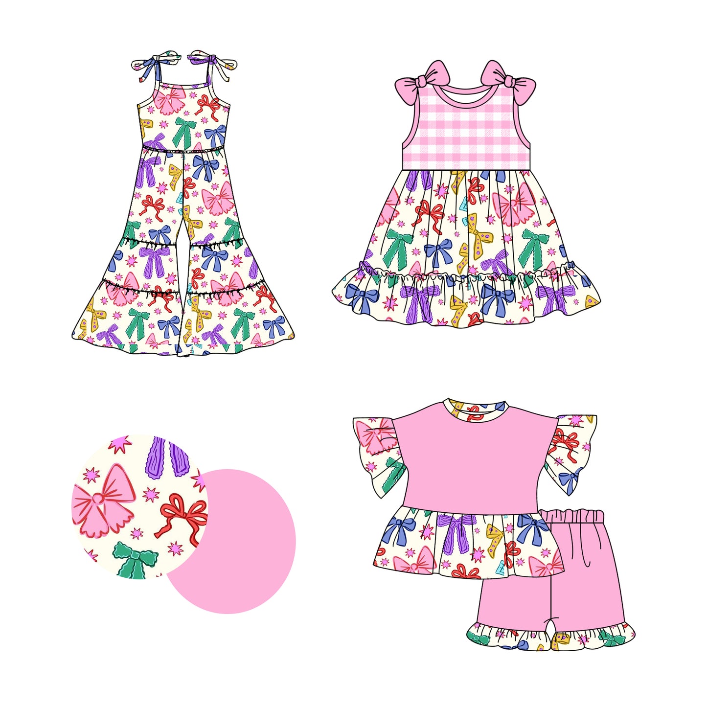 2.24(Custom Design Preorder MOQ 5 Each Design) Colorful Bows Print Girls Summer Matching Clothes Sisters Wear