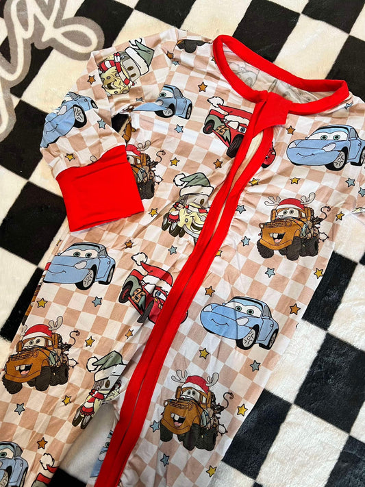 (Custom Design Preorder MOQ 20) Cartoon Cars Print Baby Fall Bamboo Sleeper Zipper Romper