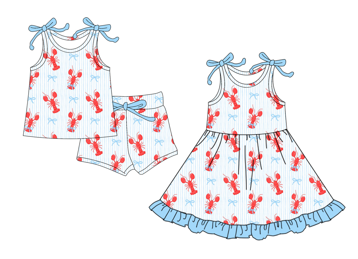 12.8 (Custom Design Preorder MOQ 5 Each Design) Crayfish Bows Stripes Print Girls Summer Matching Clothes Sisters Wear