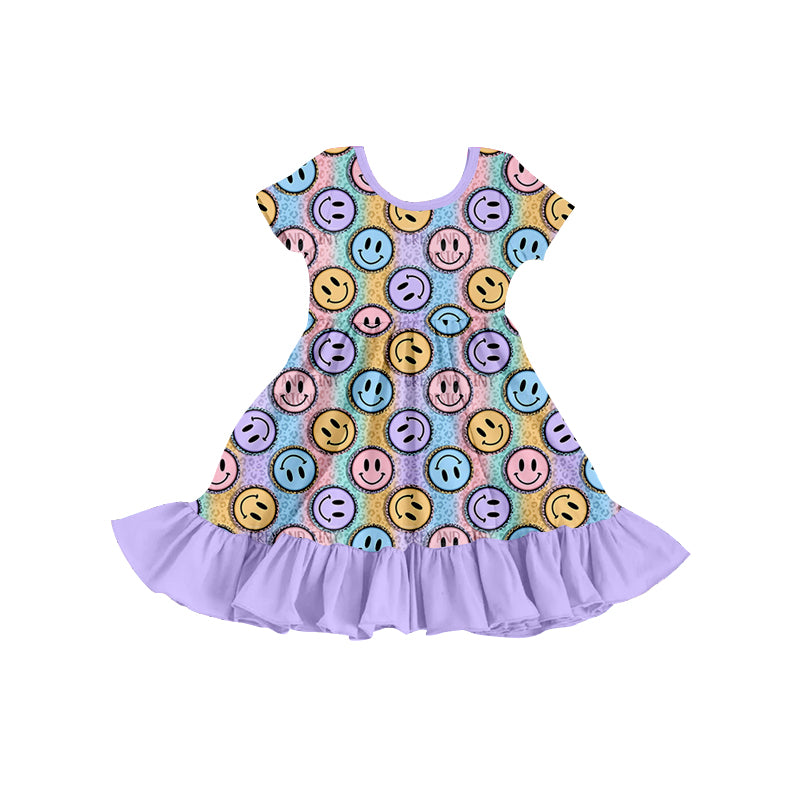 (Custom Design Preorder MOQ 5) Smiling Face Print Girls Knee Length Summer Dress