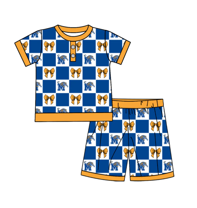 (Custom Design Preorder MOQ 5) Team's Memphis Tigers Bows Plaid Print Girls Summer Clothes Set