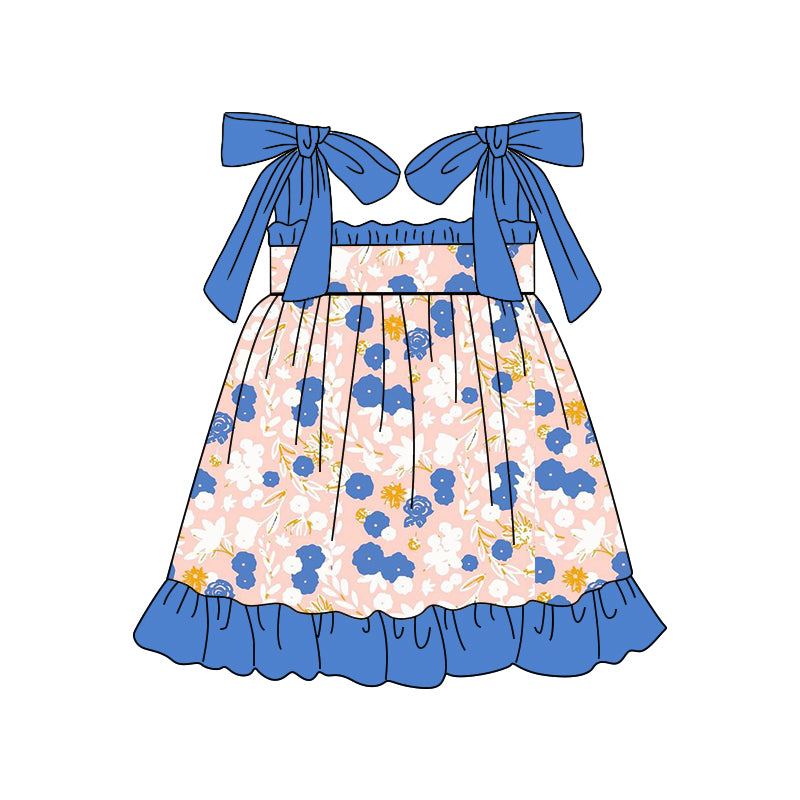(Custom Design Preorder MOQ 5) Blue Flowers Print Girls Knee Length Summer Dress