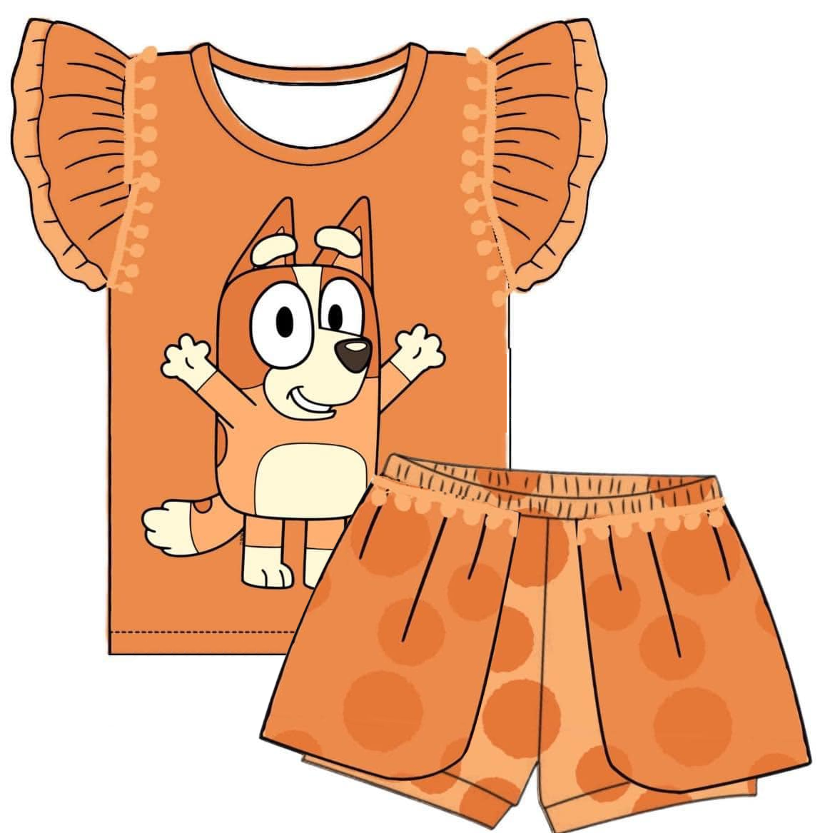 (Custom Design Preorder MOQ 5) Orange Cartoon Dog Print Girls Summer Clothes Set