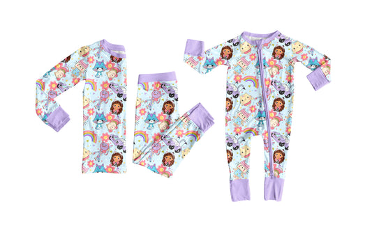 8.1 (Custom Design Preorder MOQ 5 Each Design) Cartoon Cats Purple Print Girls Pajamas Matching Clothes Sisters Wear