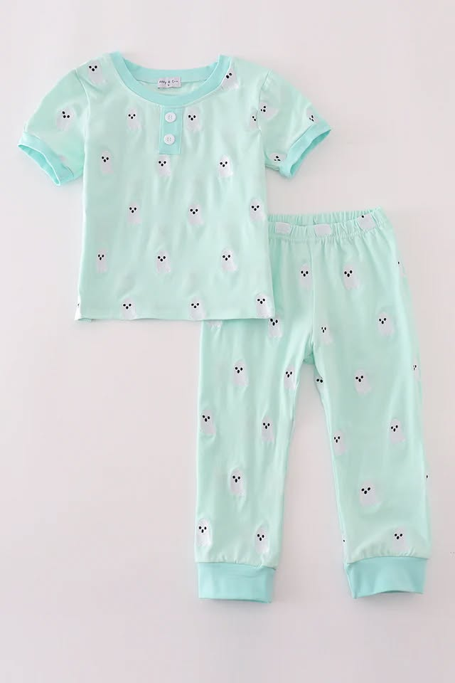 (Custom Design Preorder MOQ 5) Spooky Blue Print Boys Halloween Pajamas Clothes Set