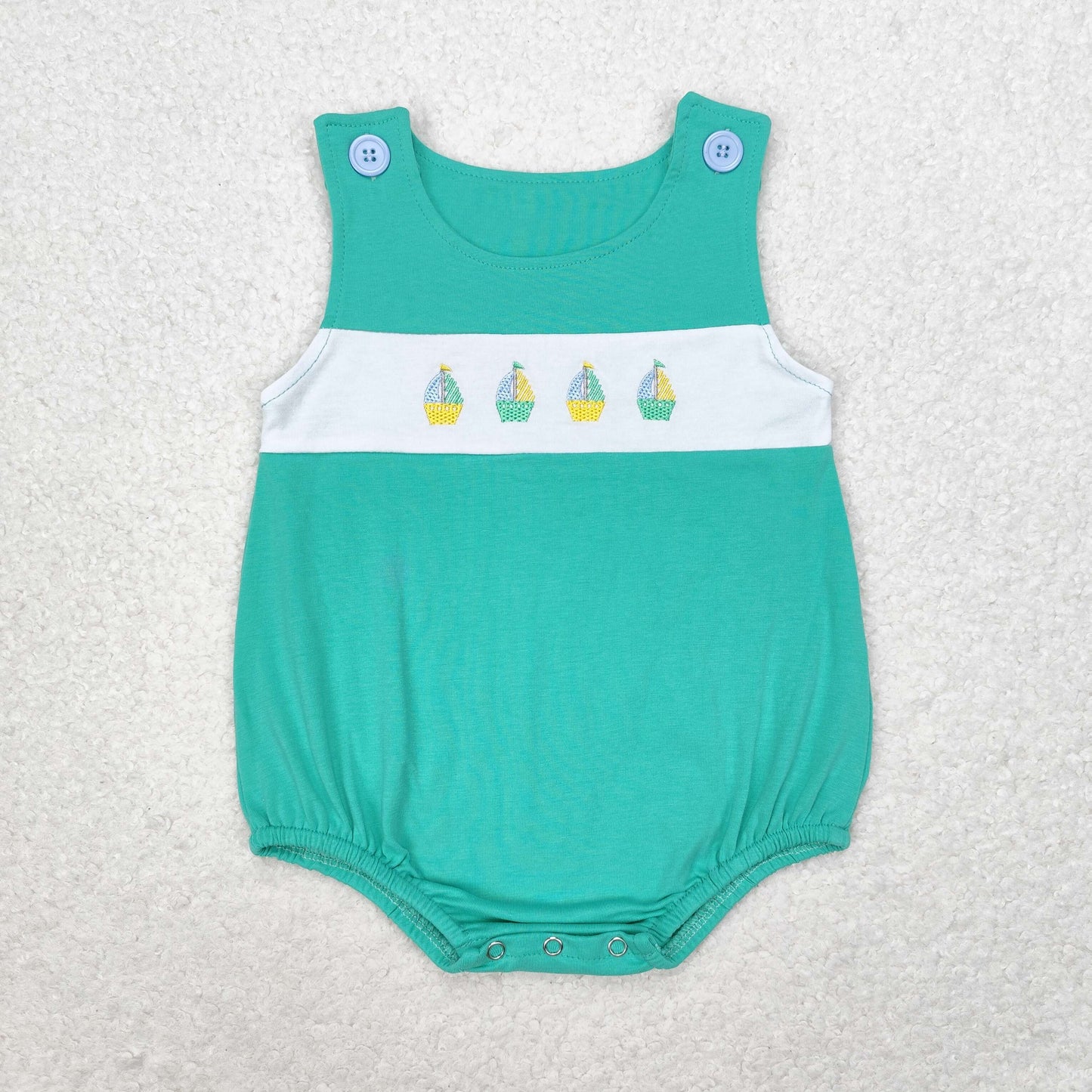 Sailboat Embroidery Green Plaid Print Brothers Summer Matching Clothes
