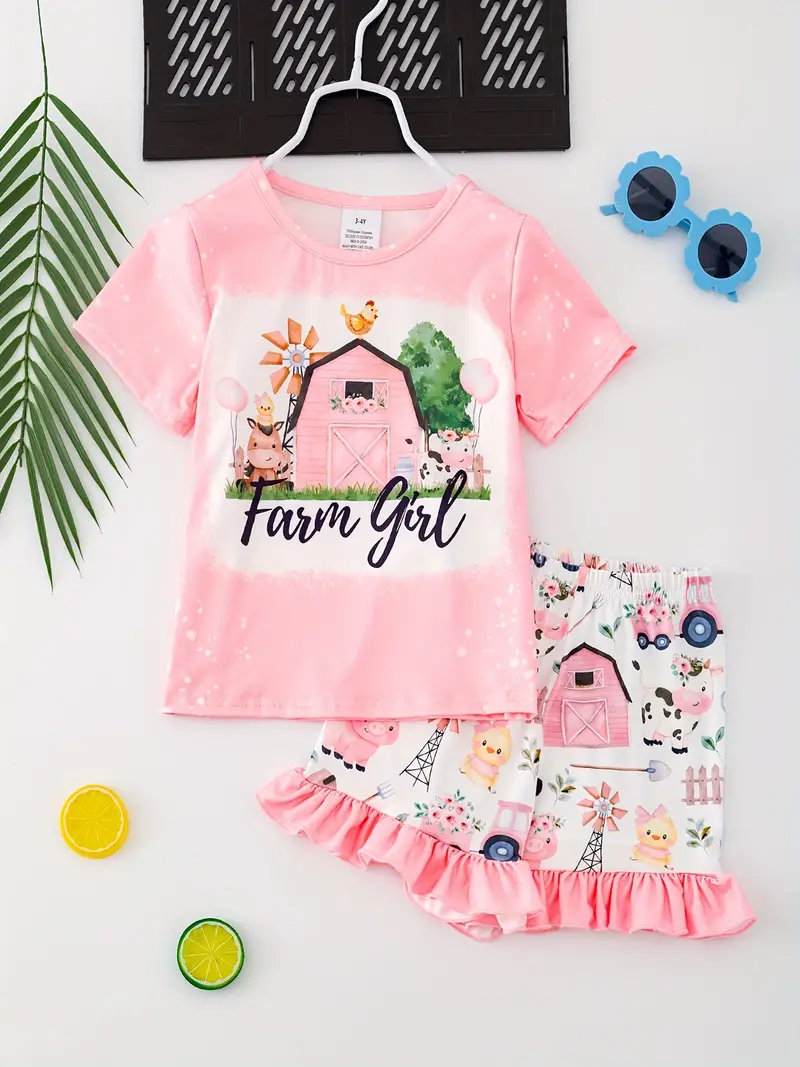 (Custom Design Preorder MOQ 5) Farm Girls Pink Print Girls Summer Clothes Set