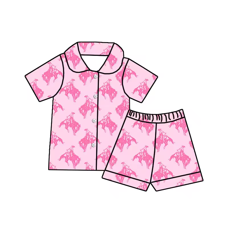 (Custom Design Preorder MOQ 5) Pink Rodeo Print Girls Summer Pajamas Western Clothes Set