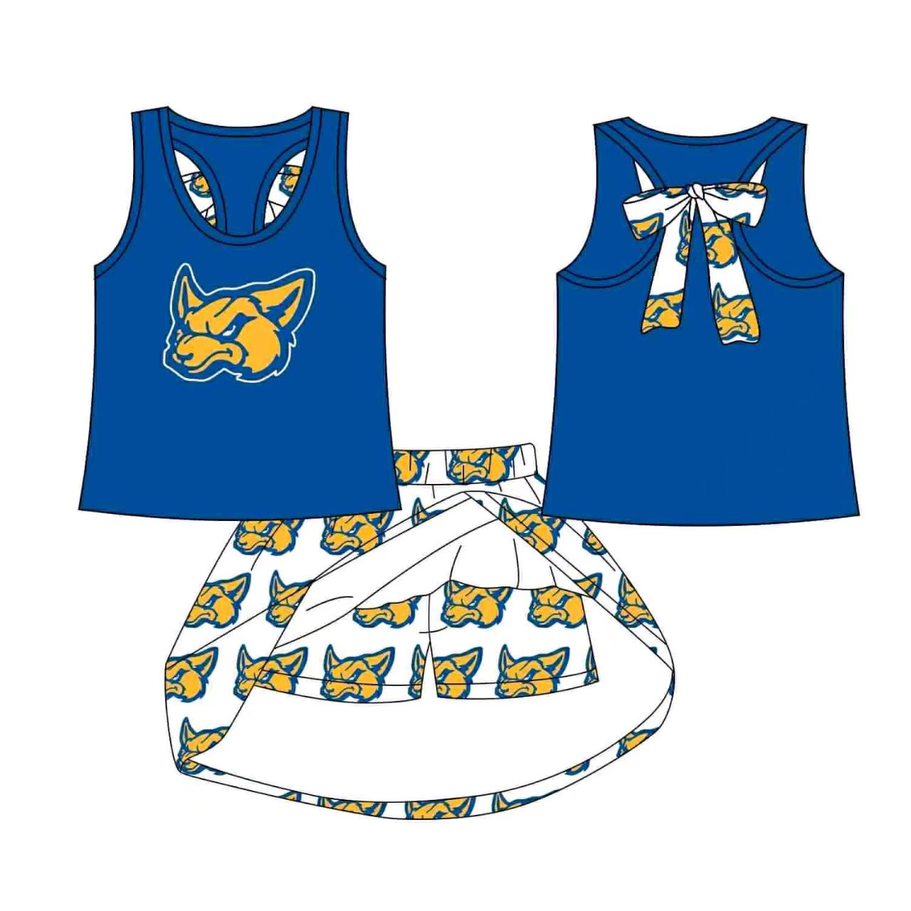 (Custom Design Preorder MOQ 5) Team's Fox Blue Top Skirts Shorts Girls Summer Clothes Set