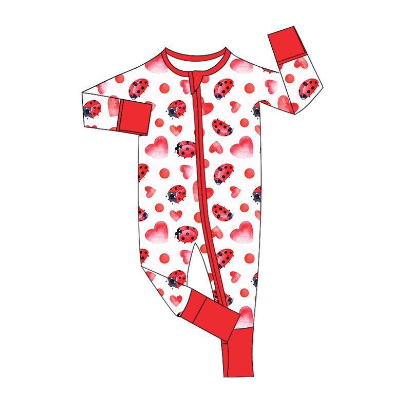 (Custom Design Preorder MOQ 20) Ladybird Heart Print Baby Girls Valentine's Day Bamboo Sleeper Zipper Romper
