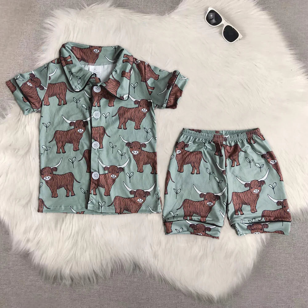 8 Print Western Kids Summer Buttons Pajamas Clothes Set Sibling Wear