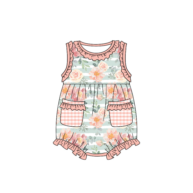 (Custom Design Preorder MOQ 5) Pink Flowers Print Pockets Baby Girls Summer Romper