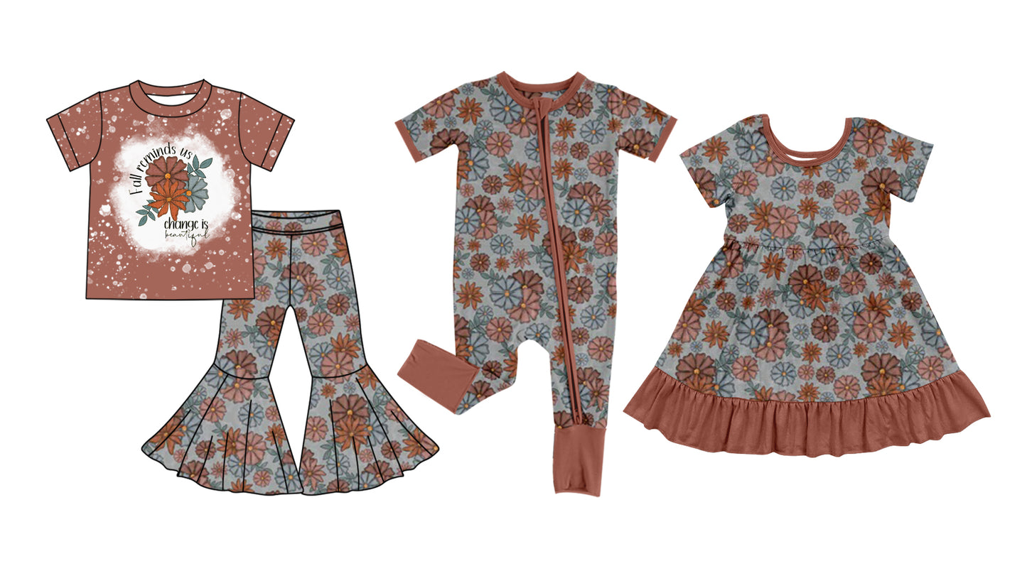 5.5(Custom Design Preorder MOQ 5 Each Design) Flowers Print Girls Fall Matching Clothes Sisters Wear