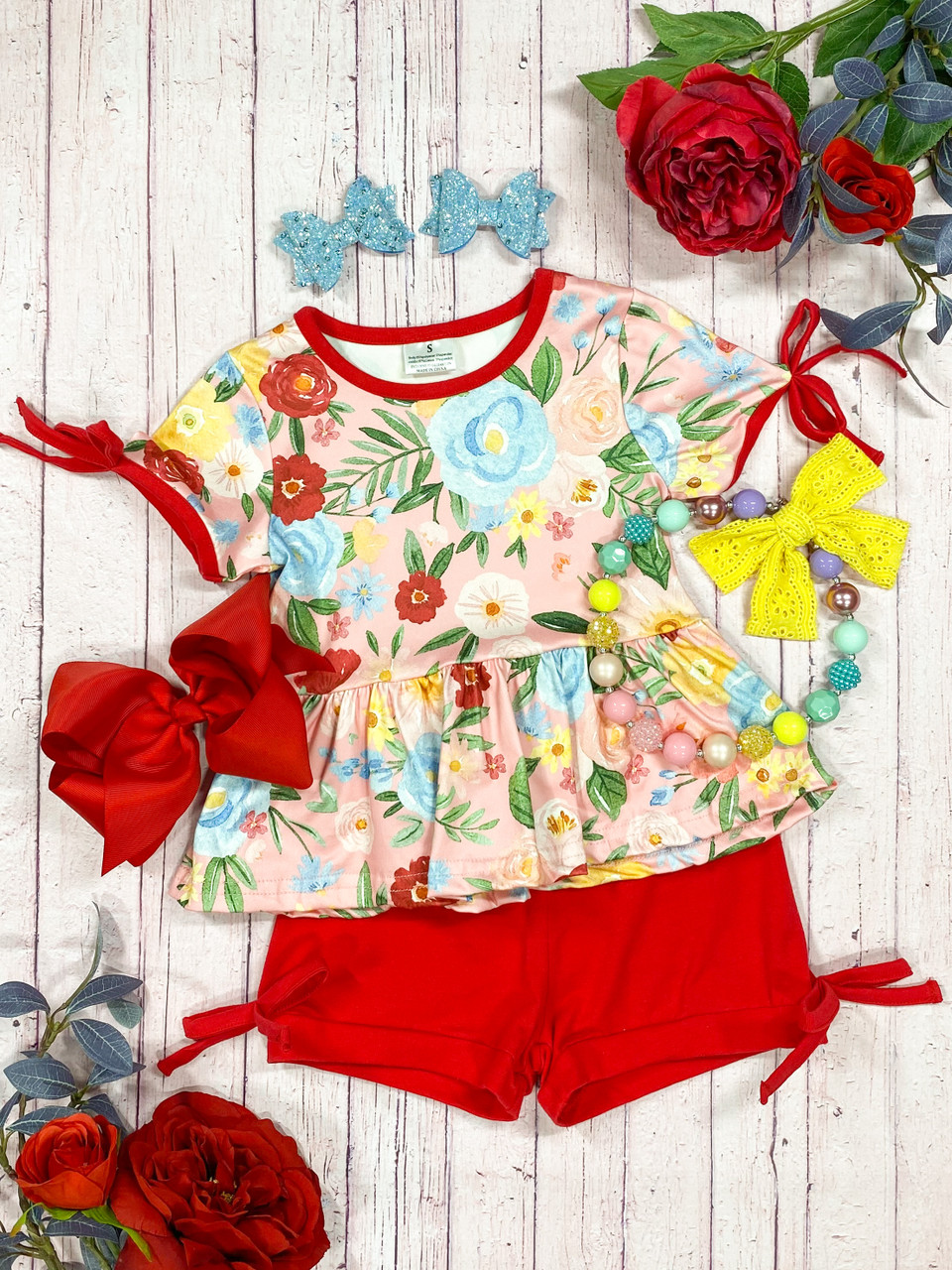 (Custom Design Preorder MOQ 5) Flowers Top Red Shorts Girls Summer Clothes Set