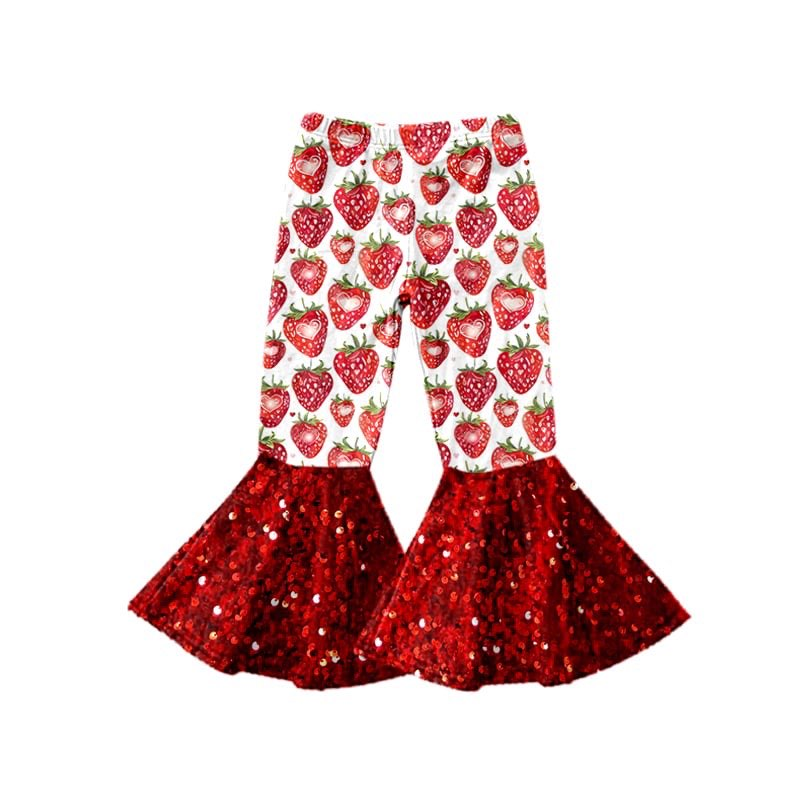 (Custom Design Preorder MOQ 5) Strawberry Heart Print Girls Valentine's Day Bell Bottom Pants