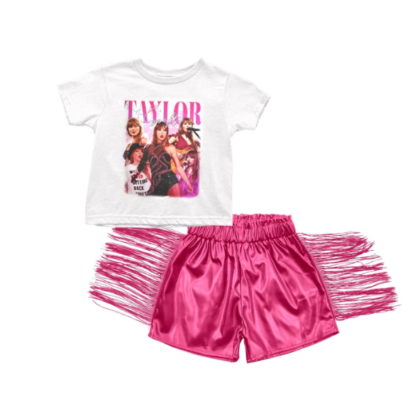 (Custom Design Preorder MOQ 5) Singer Swiftie Top Hot Pink Tassels Leather Shorts Girls Summer Clothes Set