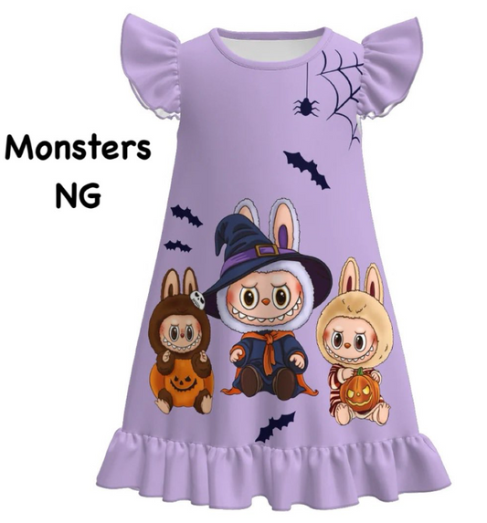 (Custom Design Preorder MOQ 5 ) Cartoon Labub* Bat Print Girls Halloween Knee Length Dress