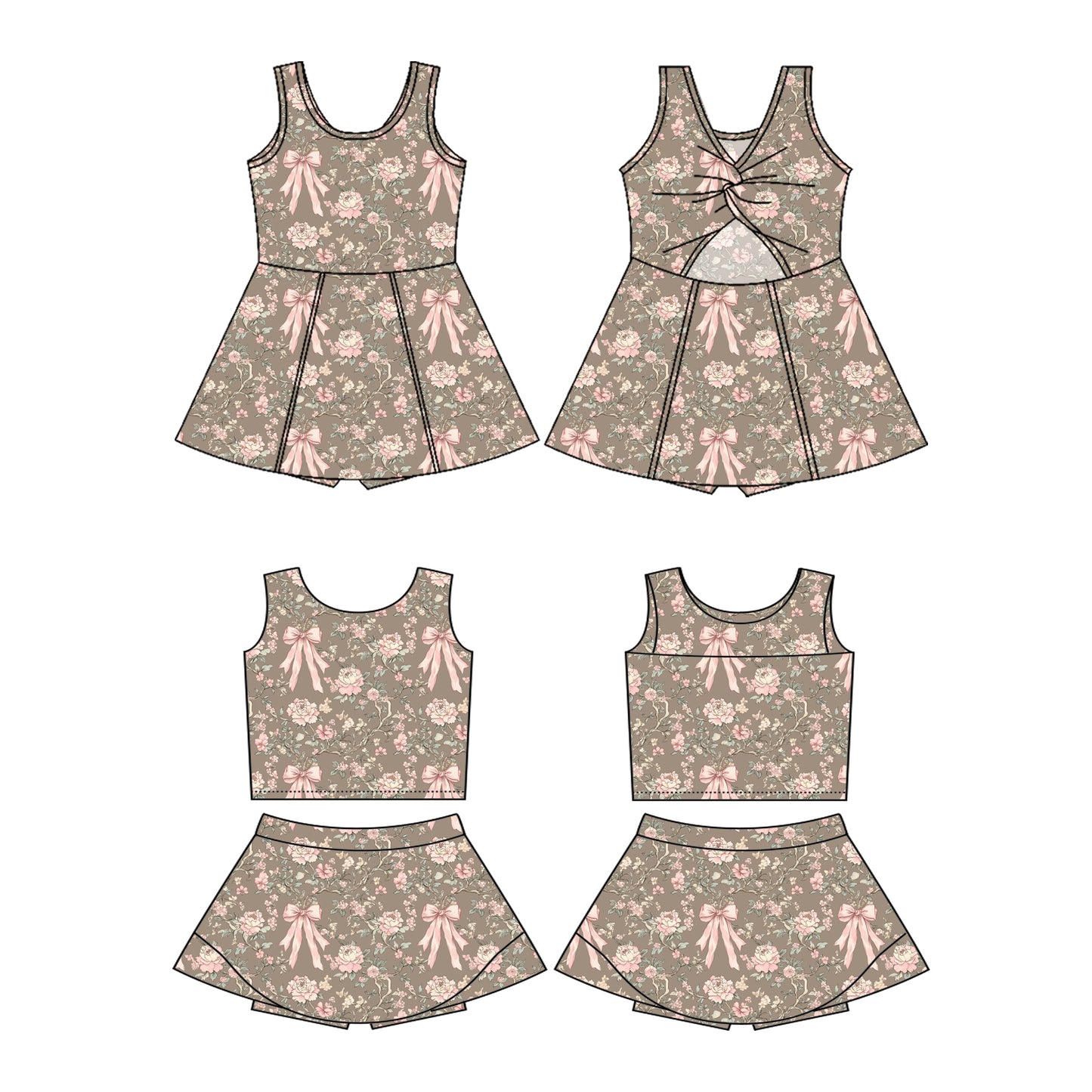 2.22(Custom Design Preorder MOQ 5 Each Design) Flowers Bows Print Girls Summer Matching Clothes Sisters Wear