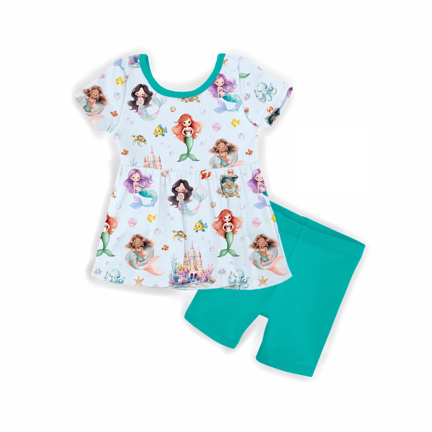 (Custom Design Preorder MOQ 5) Mermaid Tunic Top Green Shorts Girls Summer Clothes Set
