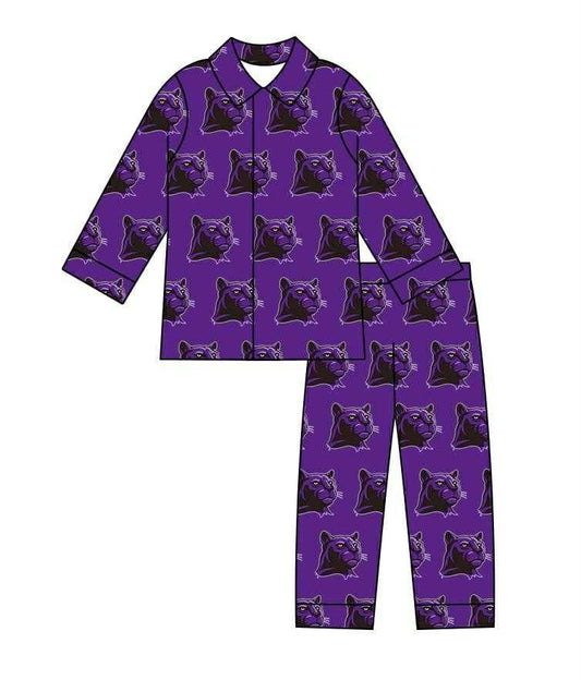 (Custom Design Preorder MOQ 5) Team's Purple PANTHERS Print Kids Fall Buttons Pajamas Clothes Set