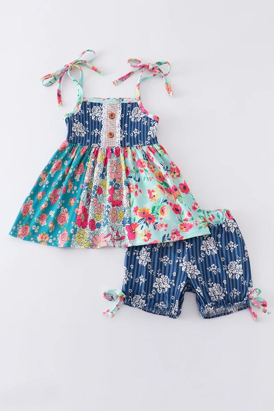 (Custom Design Preorder MOQ 5) Flowers Print Girls Strap Summer Clothes Set